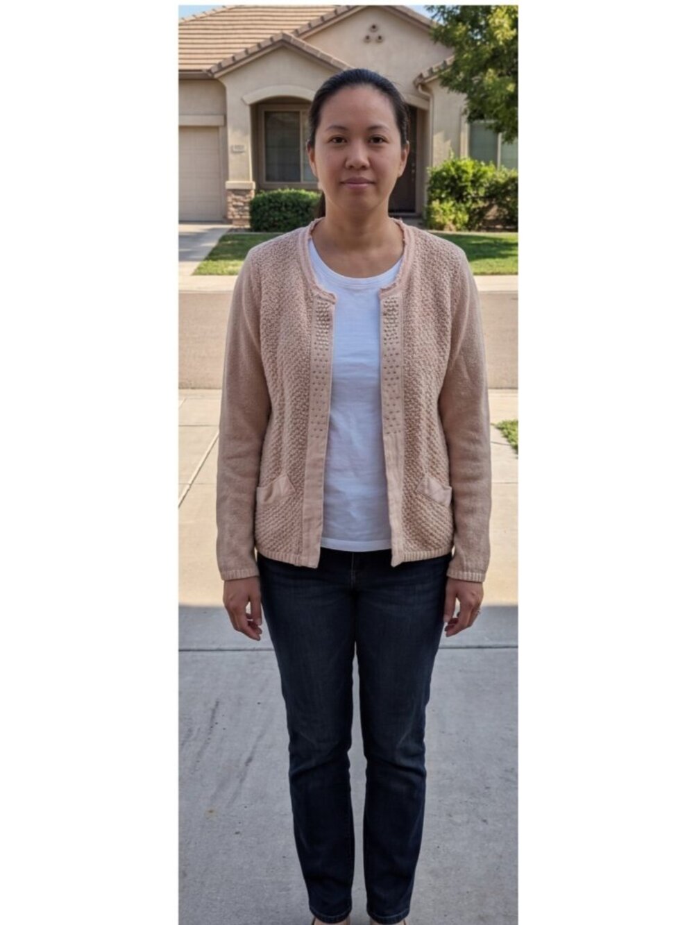 Chico's Evelyn Cardigan Sz 2 L Pink Metallic Embellished Open Front Studded Knit